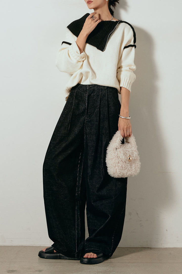 [SET]ハイネックジップデザインニットトップス+フロントタック入りコーデュロイパンツ(2set)