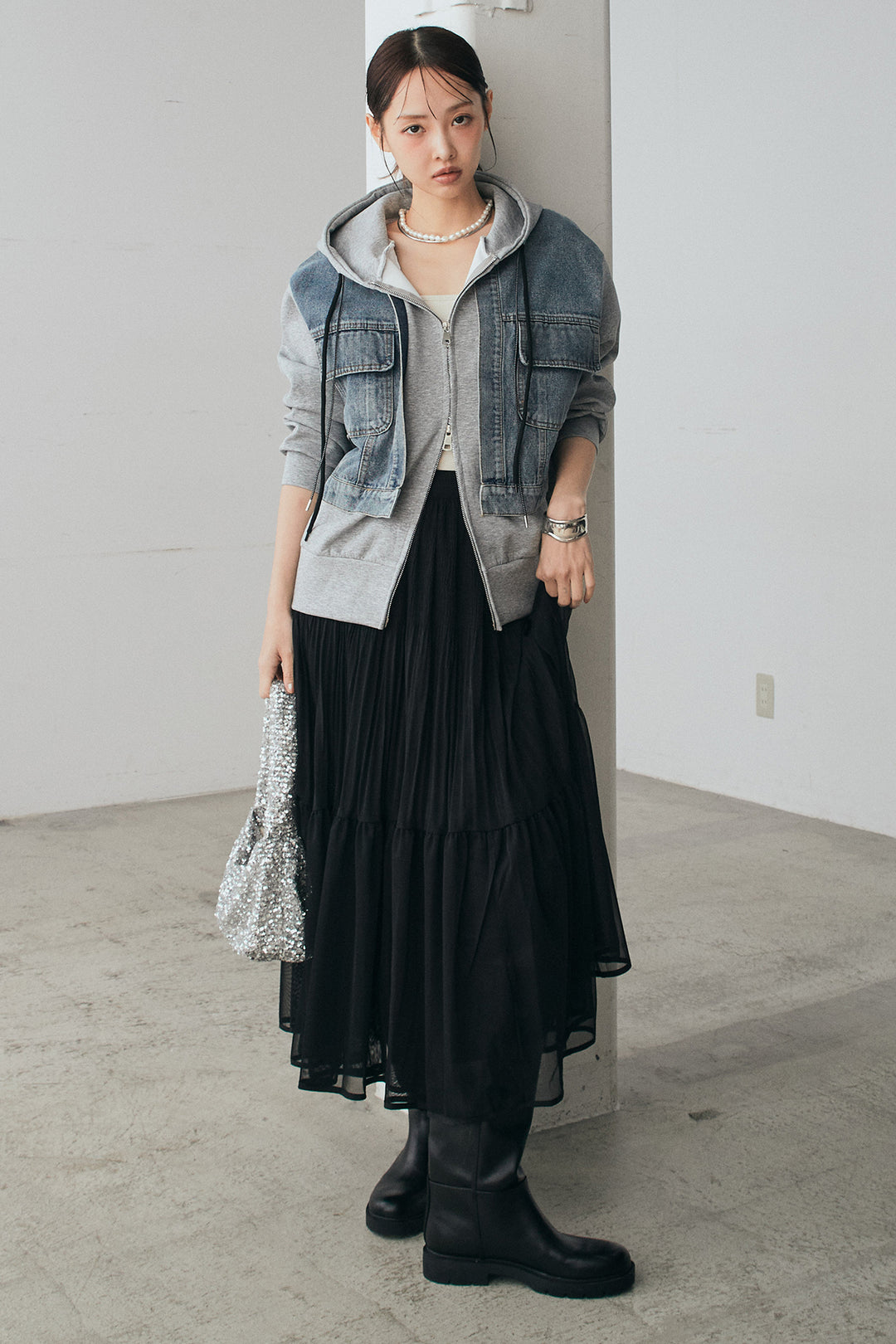 [SET]デニム切替ポンチダブルジップパーカー+ボリュームシルエットチュールスカート(2set)
