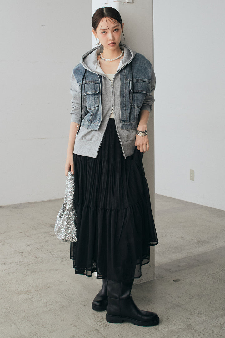 [SET]デニム切替ポンチダブルジップパーカー+ボリュームシルエットチュールスカート(2set)