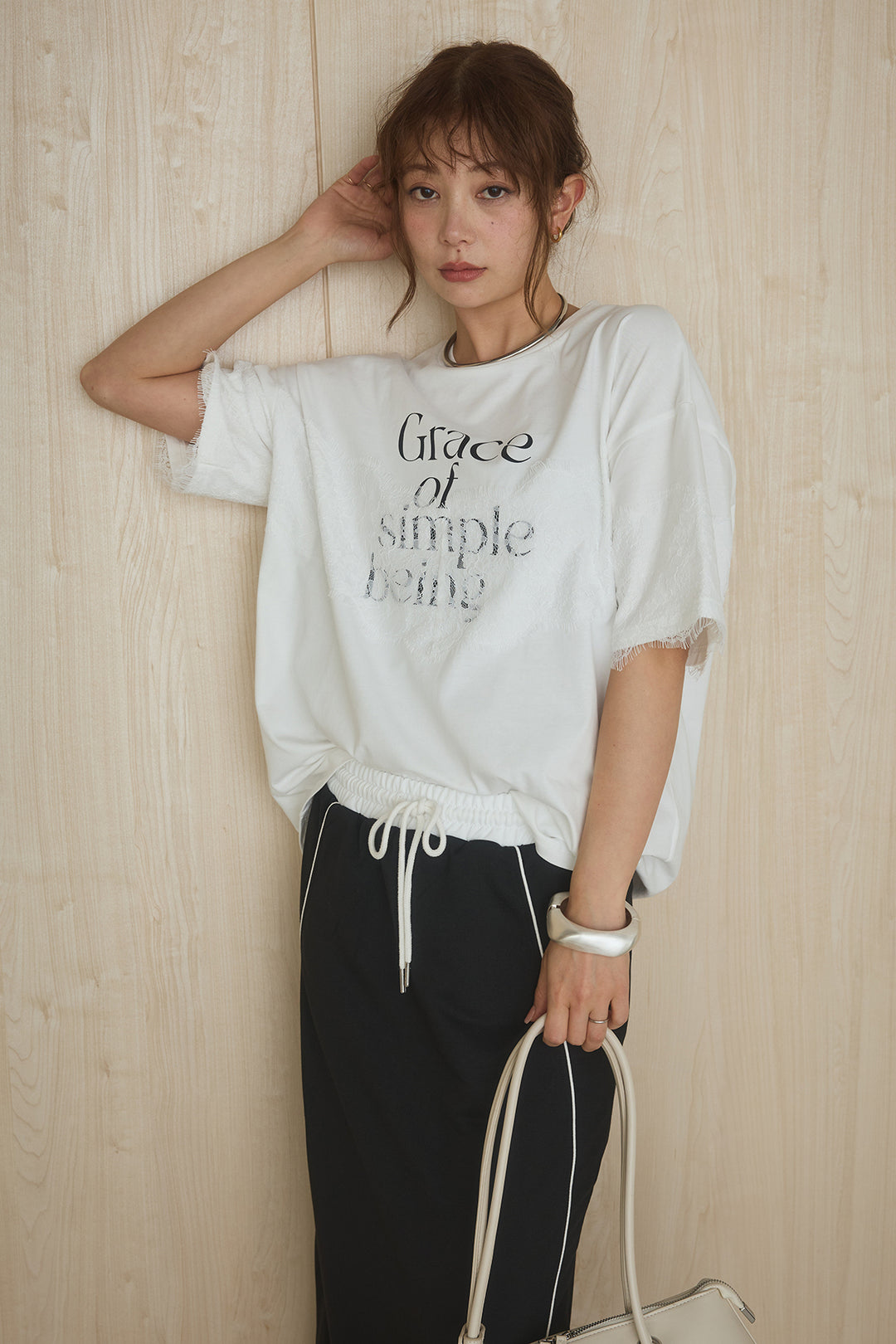 [SET]レースロゴプリントTシャツ+ミニ裏毛ストレートスカート(2set)