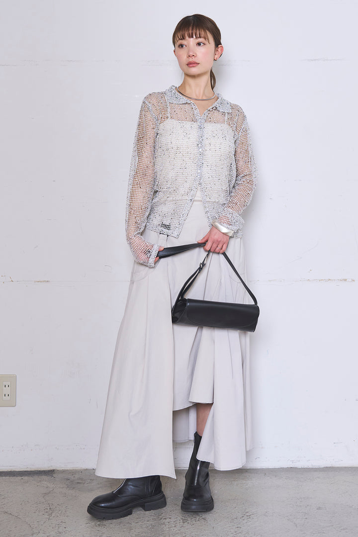 [SET]ネップメッシュポロ襟カーディガン+ラップレイヤードアシンメトリーデザインスカート(2set)