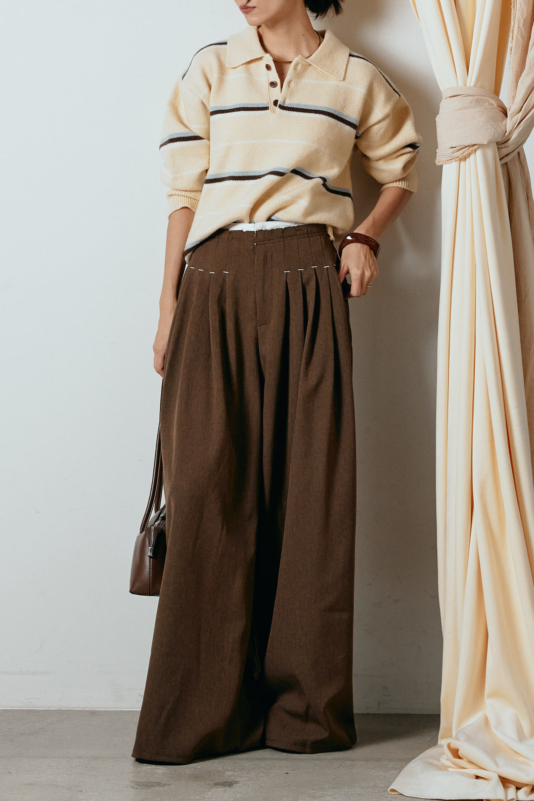[SET]襟付きマルチボーダーニットポロトップス+ウエストステッチデザインワイドスラックス(2set)