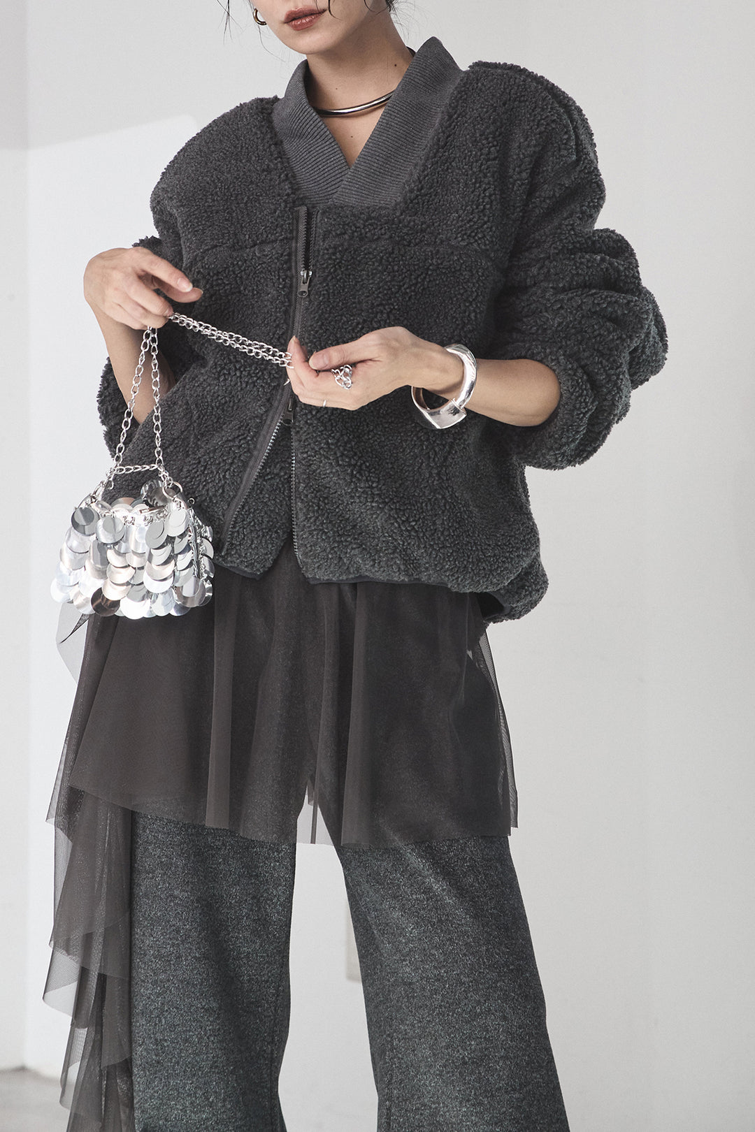 [SET]ノーカラーリブボアアウター+チュールレイヤードニットパンツ(2set)