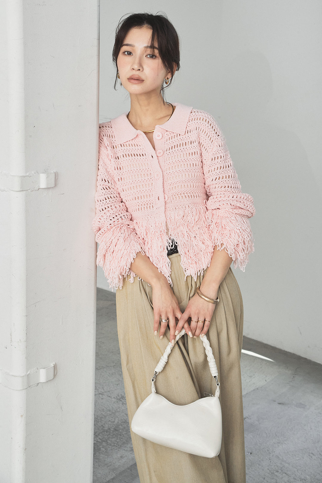 [SET]メッシュフリンジカーディガン+編みベルト付きウエストタックワイドパンツ(2set)