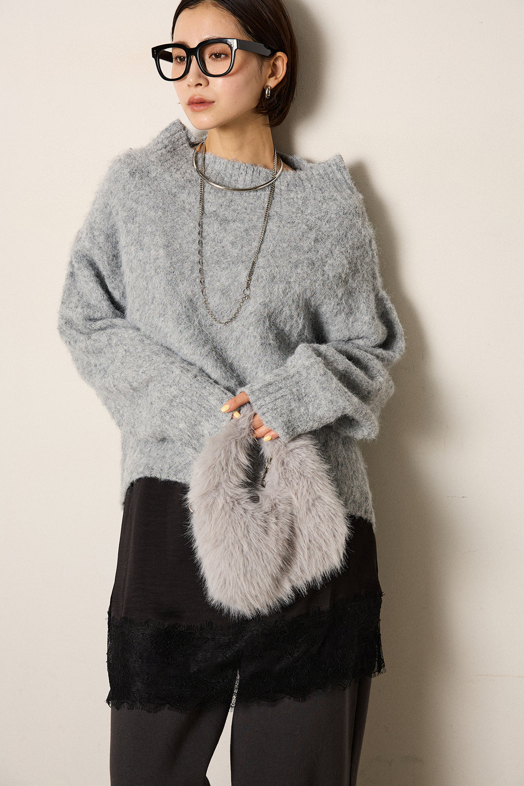 [SET]アルパカタッチオフショルニット+レース切り替えキャミソール(2set)