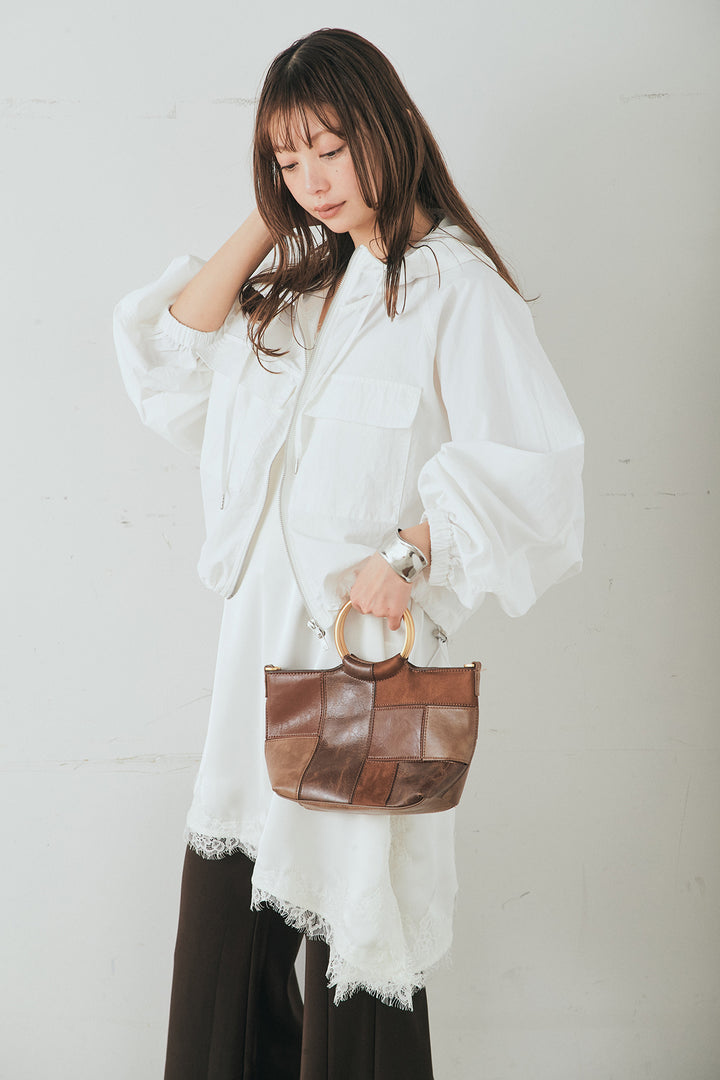 [SET]ナイロンボリュームWジップパーカーブルゾン+サテンレースアシメキャミ+細編みベルト付きパンツ+サテンレースアシメキャミ(3set)