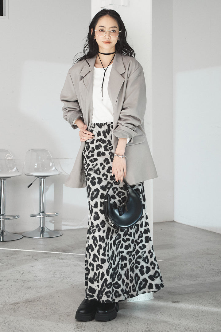 [SET]ルーズシルエットダブルテーラードジャケット+ストレッチロングTシャツ+レオパードサテンナロースカート(3set)