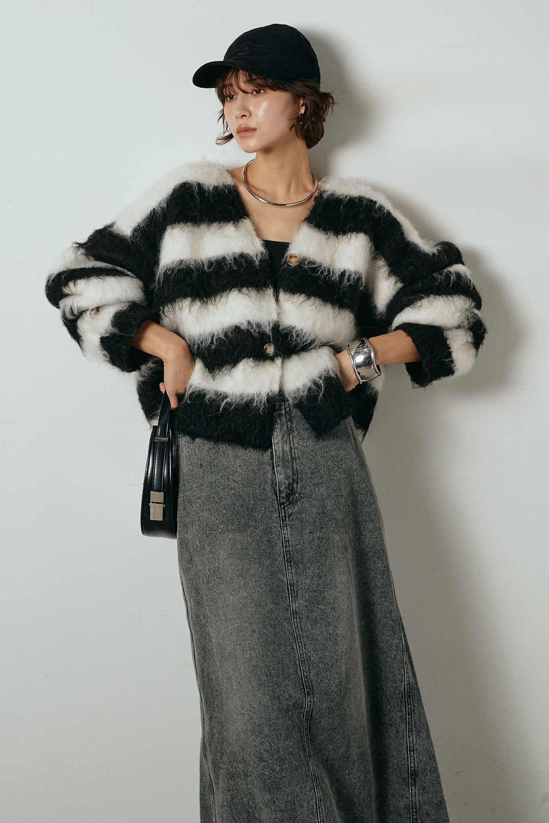 [SET]シャギーボーダー柄ニットカーディガン+デニムロングフレアスカート(2set)