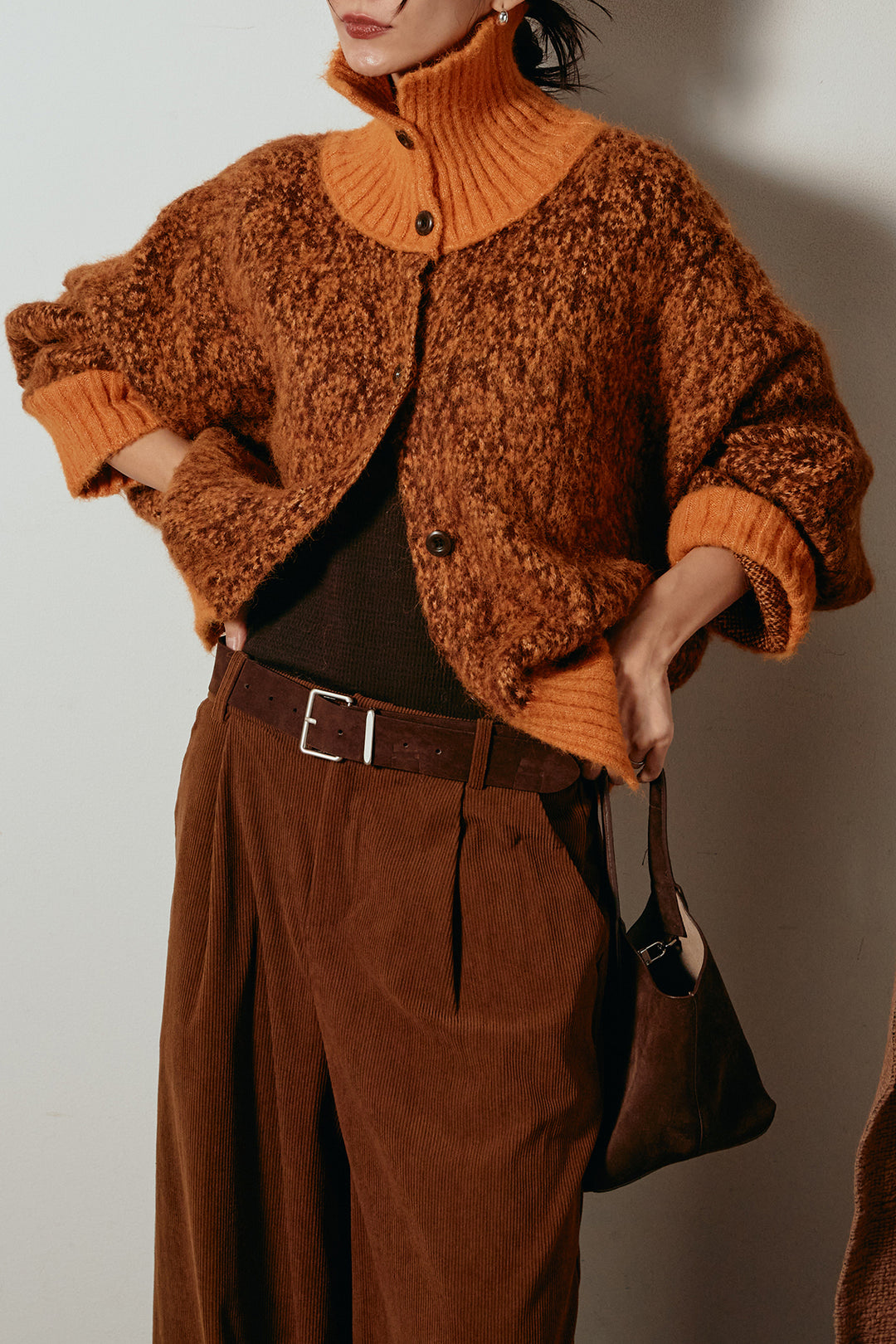 [SET]ハイネックミックスニットトップス+太ベルト付きコーデュロイタックパンツ(2set)