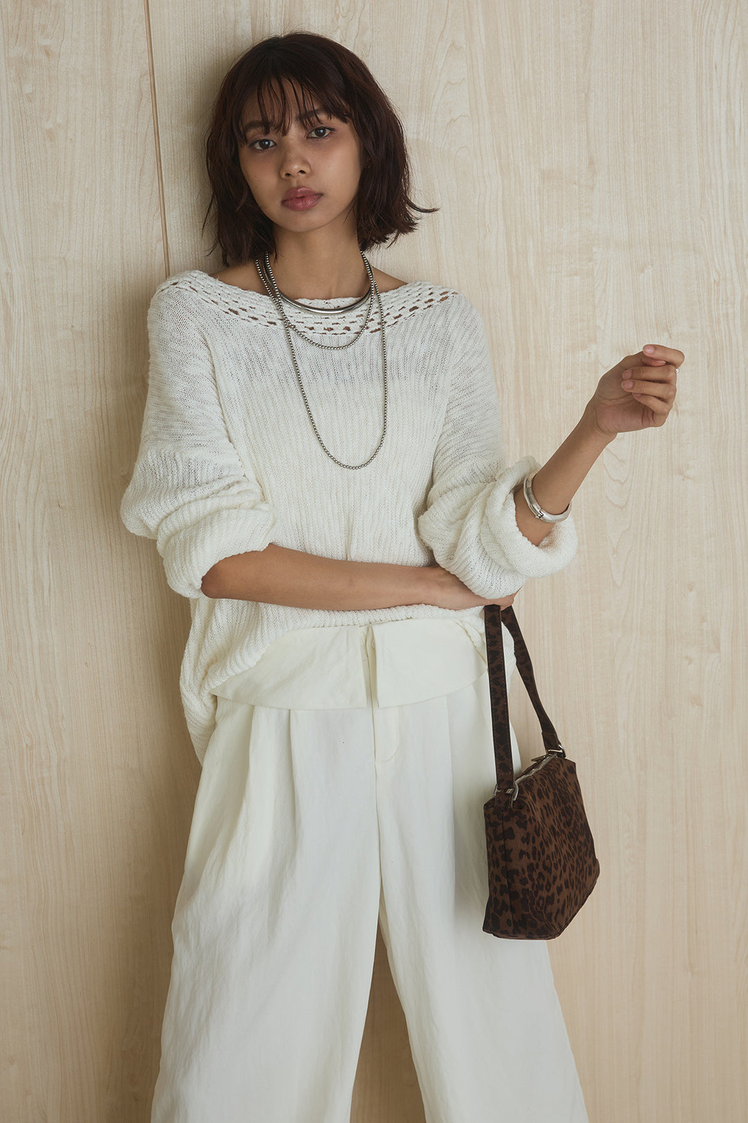 [SET]ネック編みデザインニットトップス+ウエスト折り返しワイドパンツ(2set)