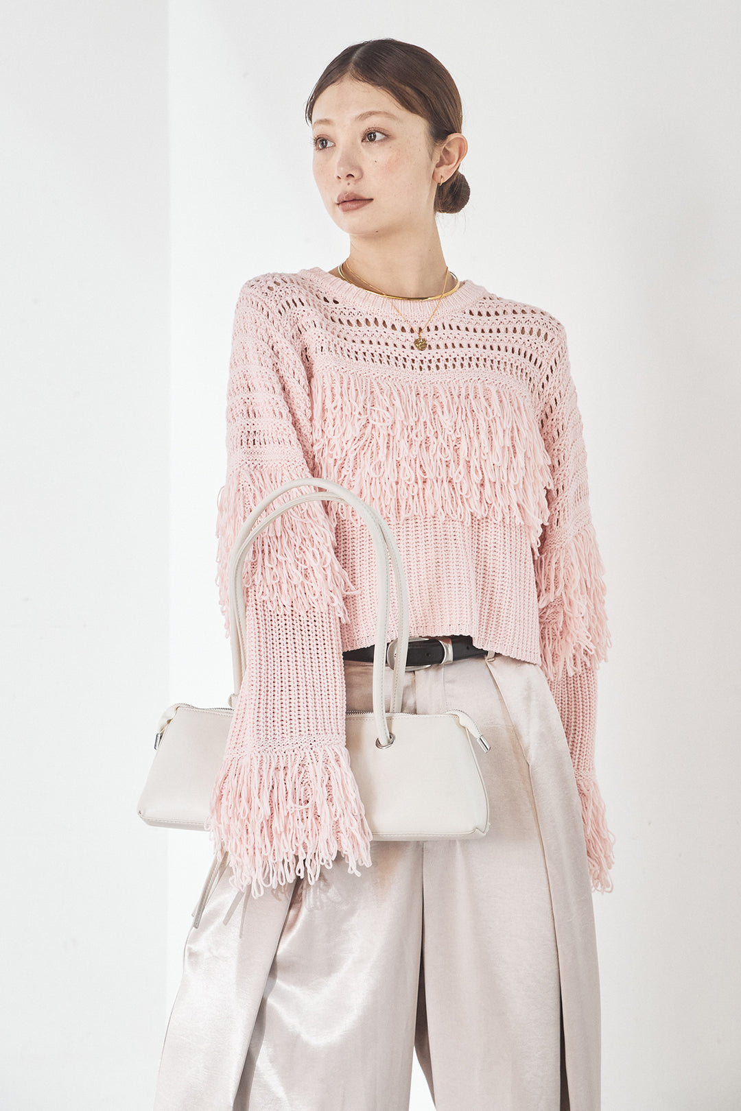 [SET]メッシュフリンジ切り替えプルオーバー+サテンタックワイドパンツ(2set)