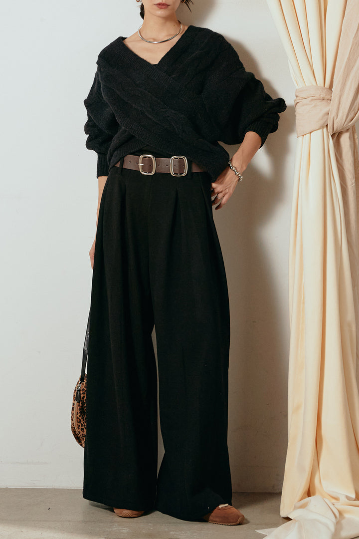 [SET]ケーブルカシュクールニットトップス+フェイクレザー太ベルト付きタックワイドパンツ(2set)