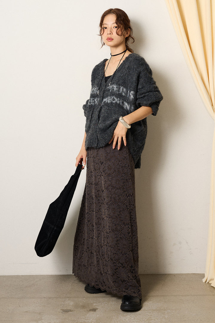 [SET]ウール混透かしロゴニットカーディガン+花柄刺繍ベロアフレアスカート(2set)