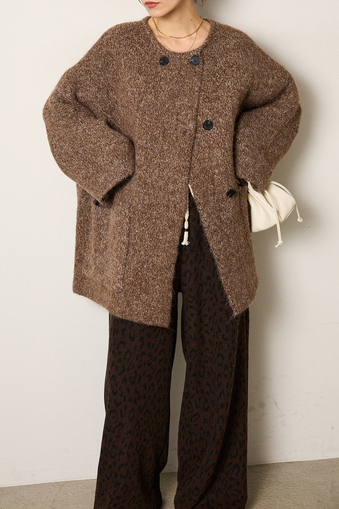 [SET]アシンメトリーボタンニットカーディガン+レオパードジャガードニットパンツ(2set)