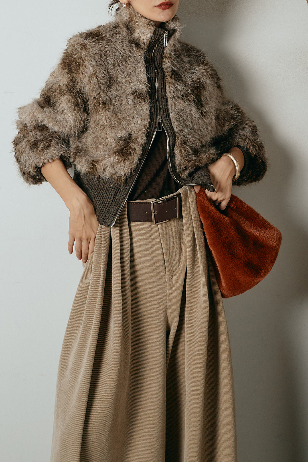 [SET]エコファースタンドカラーニュアンス柄ブルゾン+ベルトループコーデュロイワイドパンツ(2set)