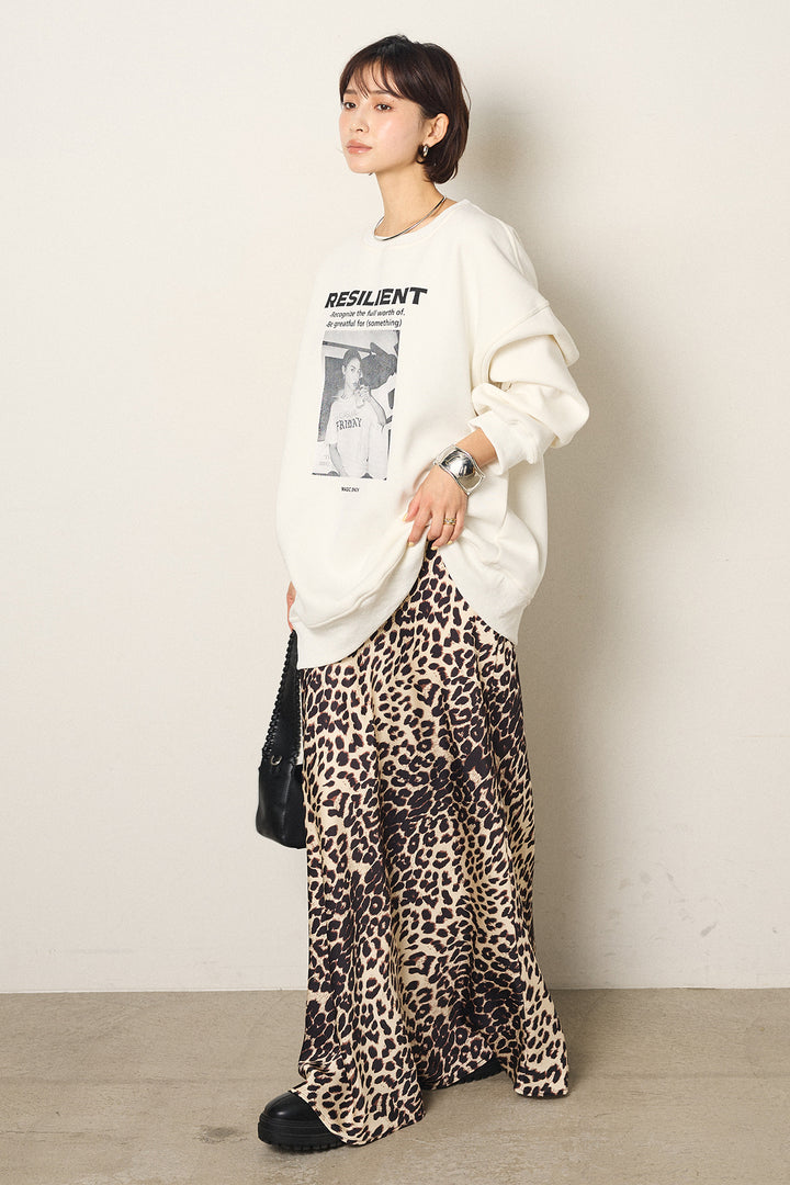 [SET]モノトーンプリントスウェット+レオパード柄サテンスカート(2set)