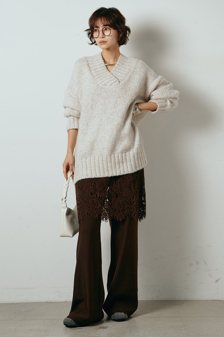 [SET]Vネックラメニットトップス+レース刺繍レイヤードフレアパンツ(2set)