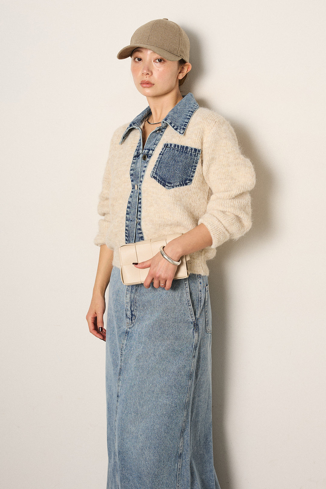 [SET]襟付きデニム切替ニットカーディガン+デニムロングフレアスカート(2set)