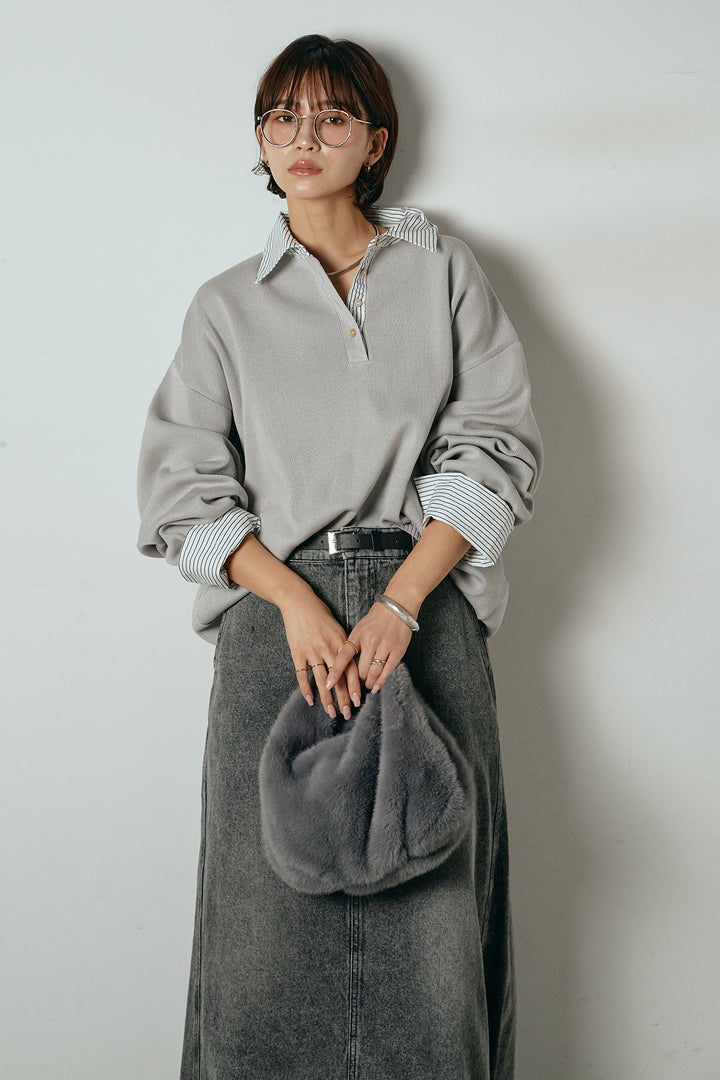 [SET]ストライプシャツドッキングポロトップス+デニムロングフレアスカート(2set)