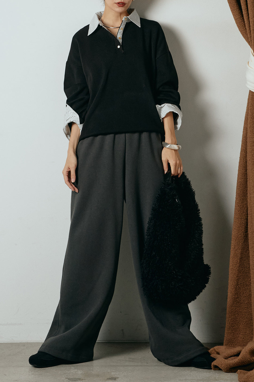 [SET]ストライプシャツドッキングポロトップス+裏起毛スウェットワイドパンツ(2set)