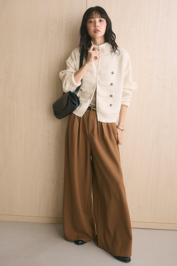[SET]ナポレオンボタンハイネックニットブルゾン+ゴールドバックルベルト付きタックワイドパンツ(2set)