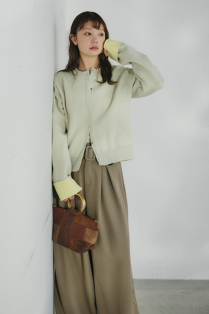 [SET]リバーシブル配色ニットカーディガン+ベルト付きツータックワイドパンツ(2set)