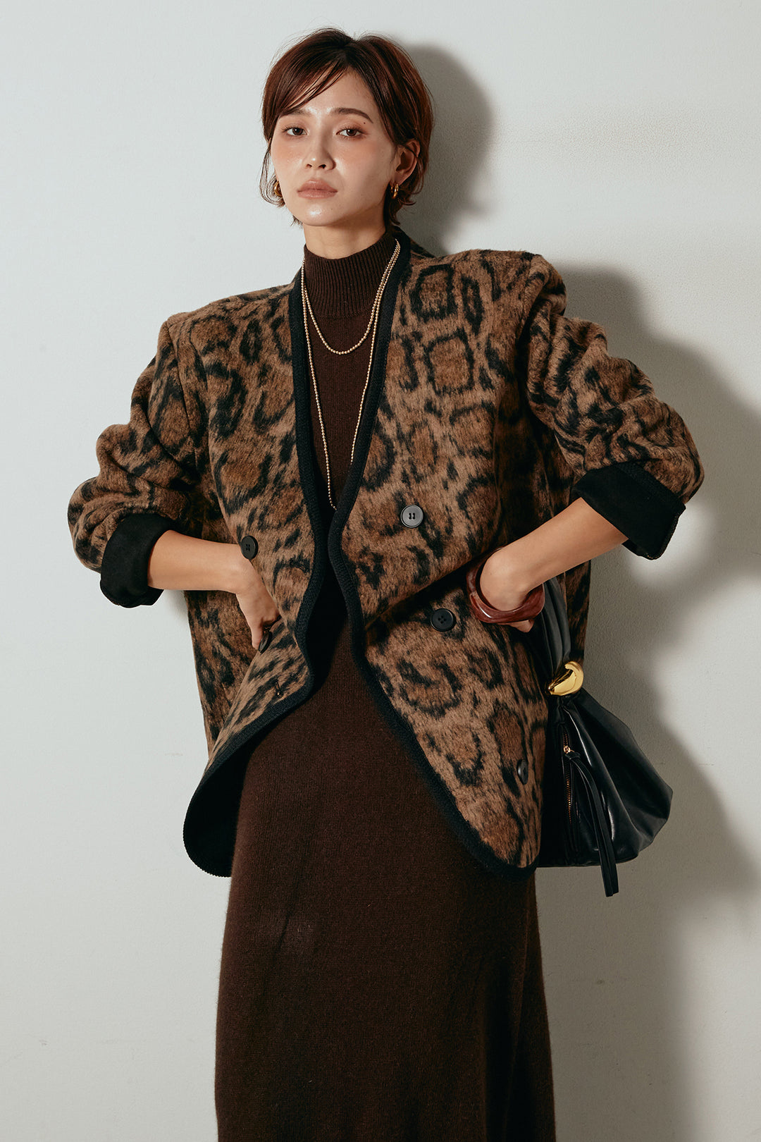 [SET]ノーカラーレオパード柄アウター+ノースリーブニットロングワンピース(2set)