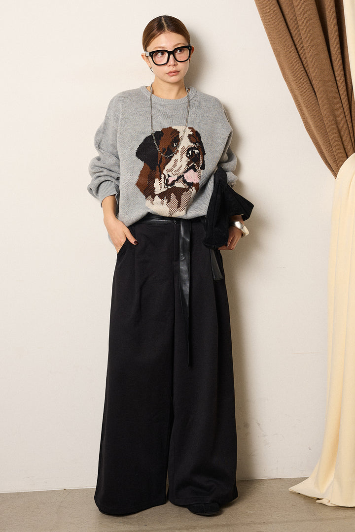 [SET]アニマルジャガード柄ニットトップス+巻ベルトウエストレザーライクワイドパンツ(2set)