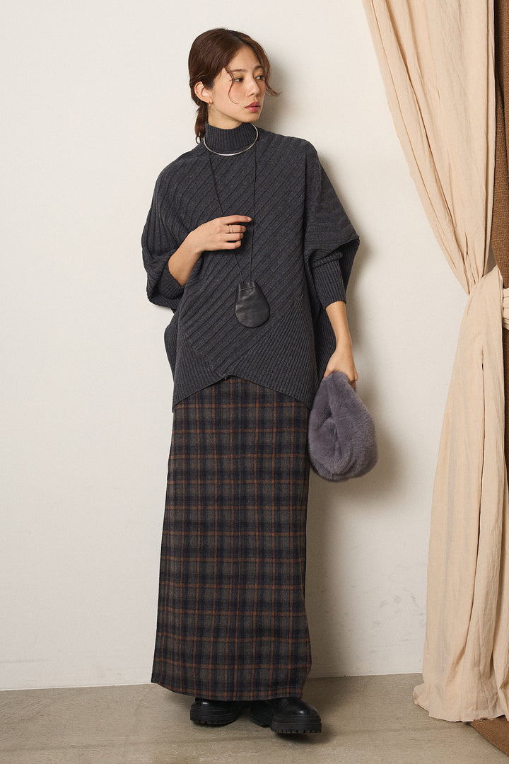 [SET]アシメデザインリブポンチョニットトップス+シャギーチェックストレートスカート(2set)