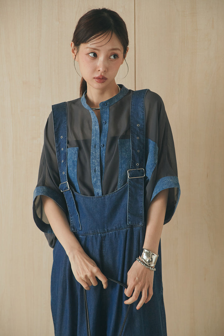 [SET]デニムライクビッグツーポケシアーシャツ+前後2WAYテンセルデニムサロペット(2set)
