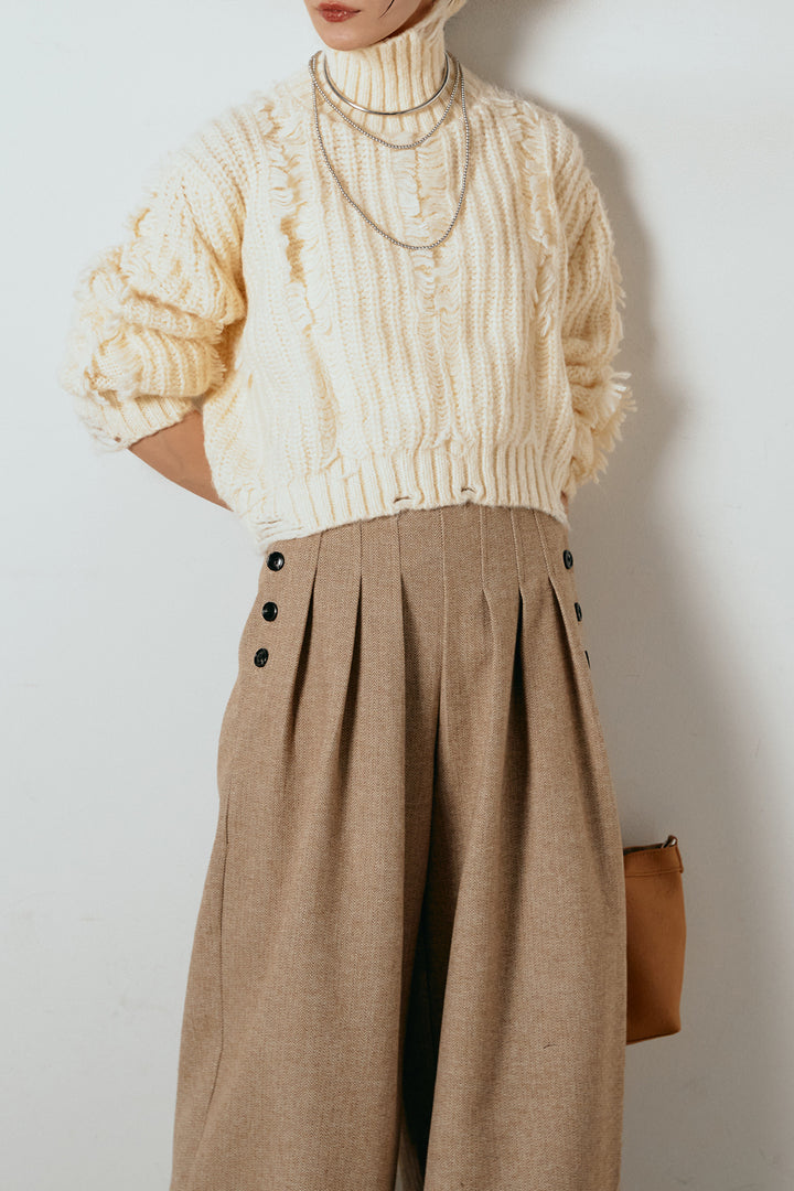 [SET]フリンジタートルショートニット+サイドボタンツイードタックパンツ(2set)