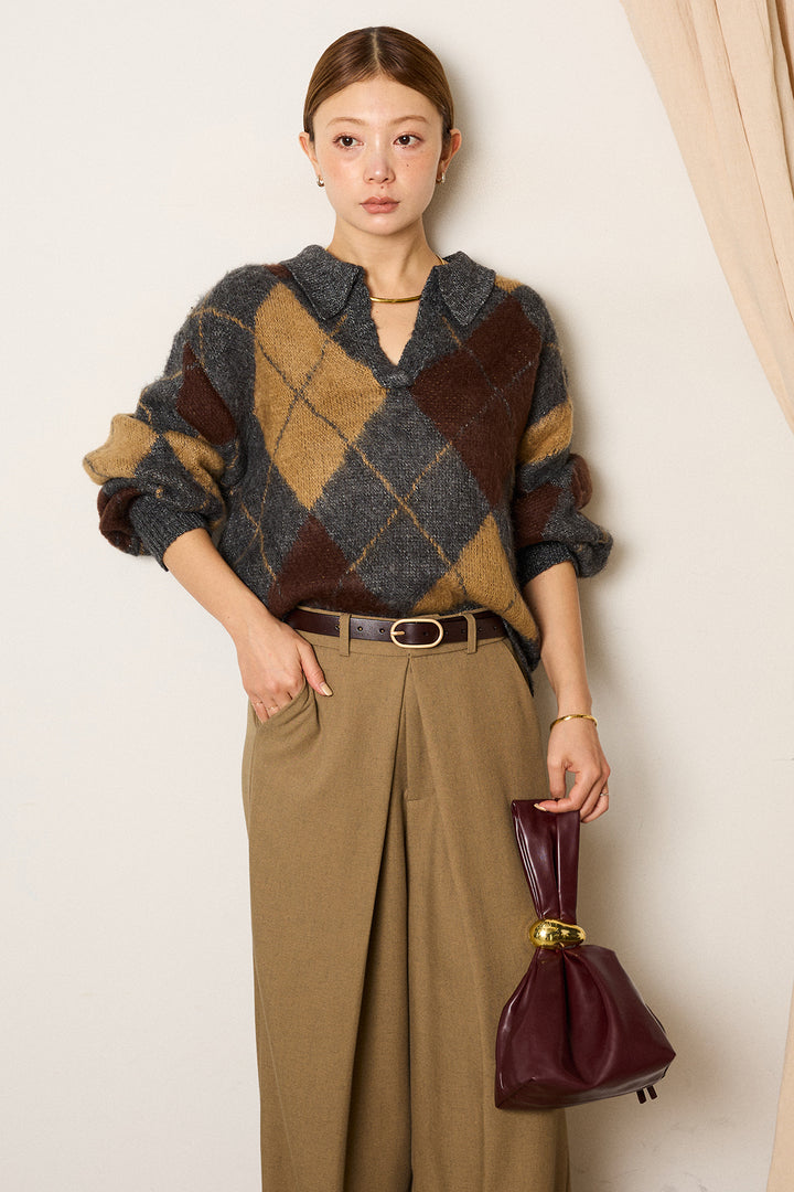 [SET]アクリルモヘアアーガイルキーネックプルオーバー+フロントワイドタックネップ入ワイドパンツ(2set)