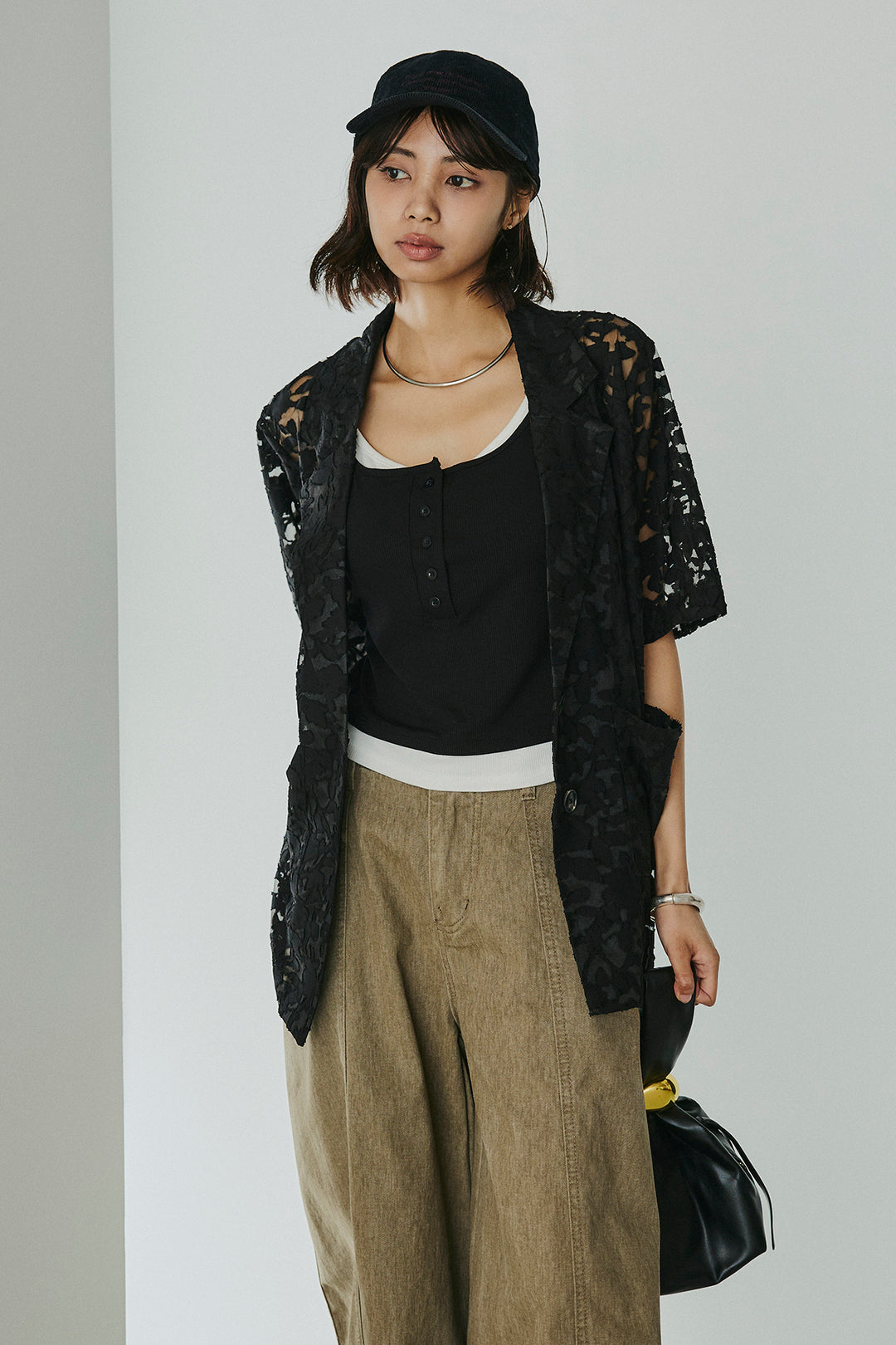 [SET]シアージャガードハーフスリーブテーラードジャケット+配色ヘンリーネックタンクトップ(2set)