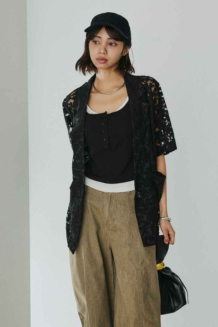 [SET]シアージャガードハーフスリーブテーラードジャケット+配色ヘンリーネックタンクトップ(2set)