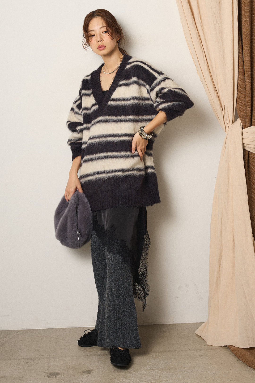 [SET]ルーズVネックボーダーニットトップス+杢ニットリブフレアパンツ(2set)