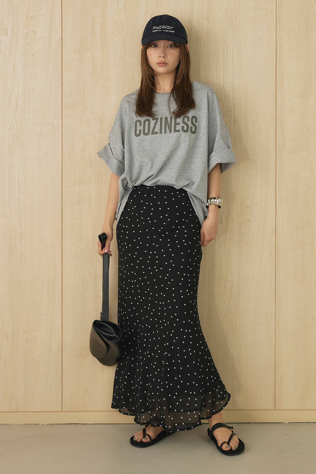 [SET]プリントロゴチュニックTシャツ+ドットサテンナロースカート(2set)