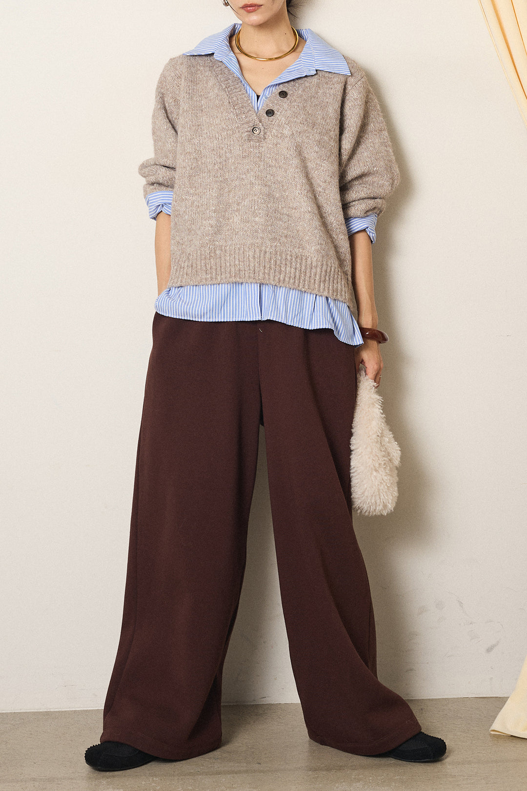 [SET]ストライプシャツドッキングニットポロトップス+裏起毛スウェットワイドパンツ(2set)