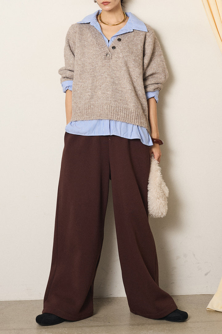 [SET]ストライプシャツドッキングニットポロトップス+裏起毛スウェットワイドパンツ(2set)