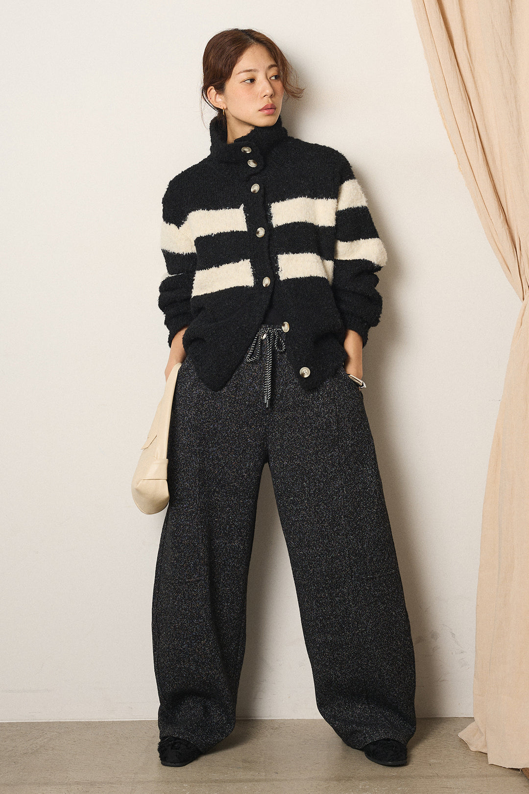 [SET]ハイネックボーダーニットカーディガン+杢ニットフレアパンツ(2set)