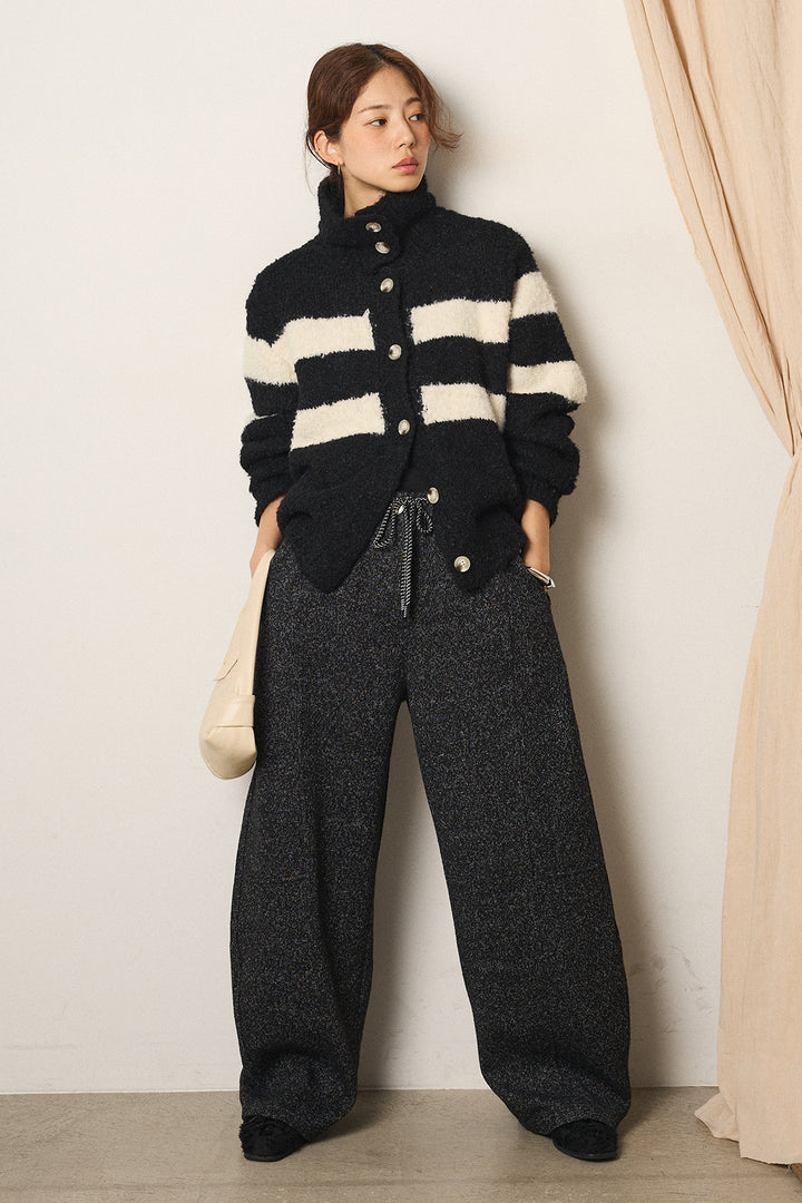 [SET]ハイネックボーダーニットカーディガン+杢ニットフレアパンツ(2set)