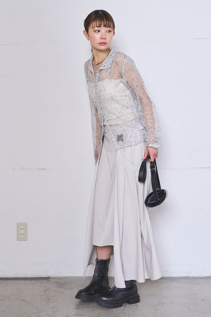 [SET]ネップメッシュポロ襟カーディガン+ラップレイヤードアシンメトリーデザインスカート(2set)