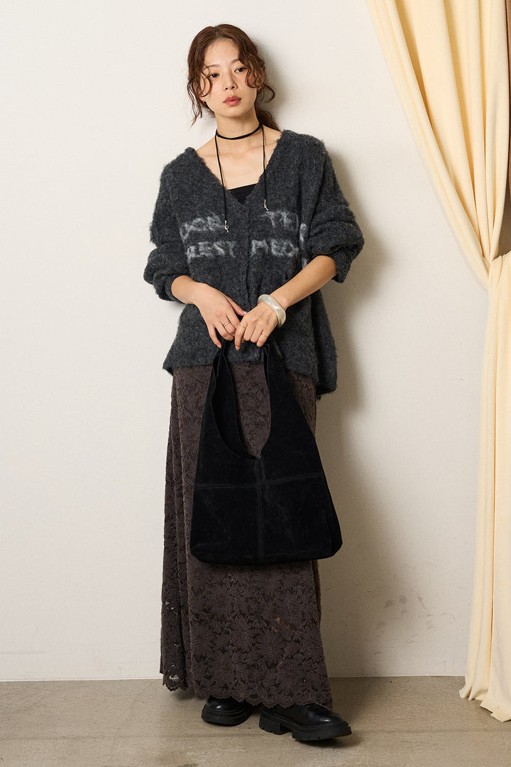 [SET]ウール混透かしロゴニットカーディガン+花柄刺繍ベロアフレアスカート(2set)