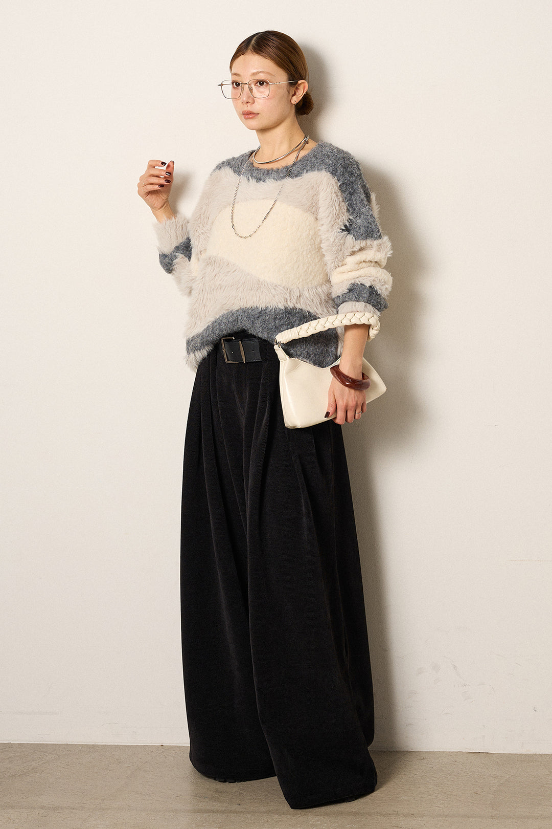 [SET]シャギーウェーブ柄クルーネックニットトップス+ベルトループコーデュロイワイドパンツ(2set)