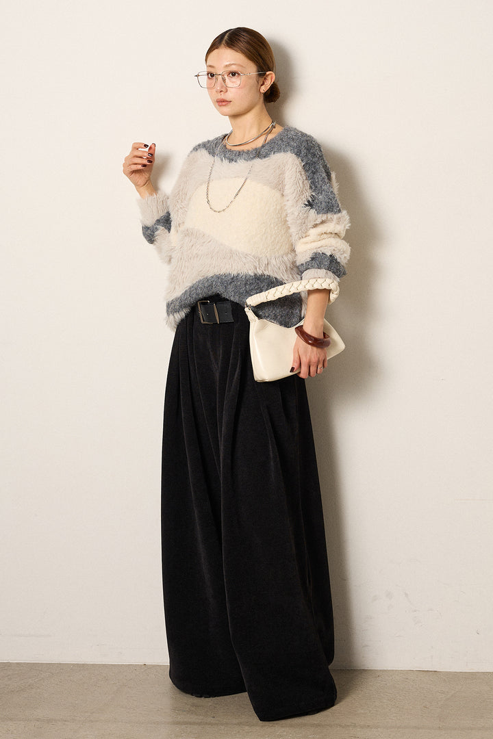 [SET]シャギーウェーブ柄クルーネックニットトップス+ベルトループコーデュロイワイドパンツ(2set)