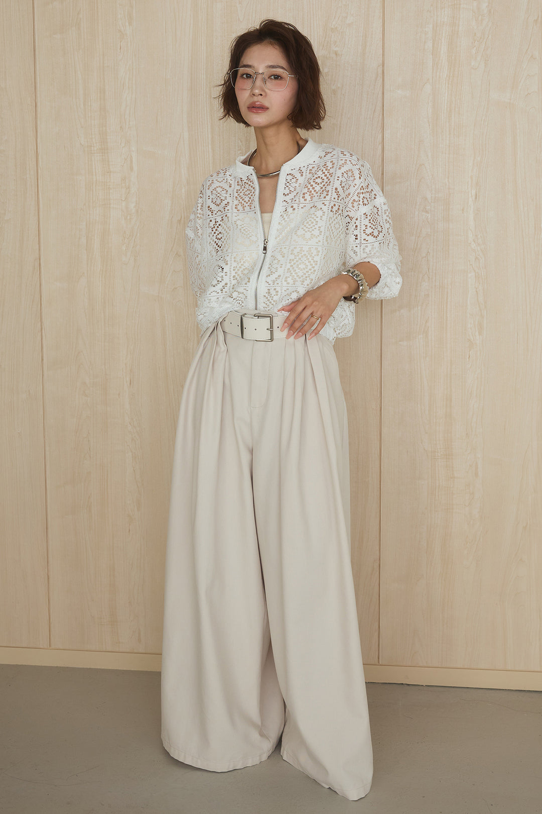 [SET]幾何レースブルゾン+ベルト付きビックループワイドパンツ(2set)