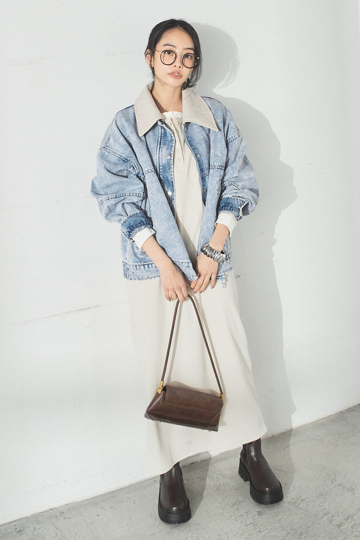 [SET]加工デニムレザー襟付きデニムブルゾン+カットリブレイヤードヘンリーネックワンピース(2set)