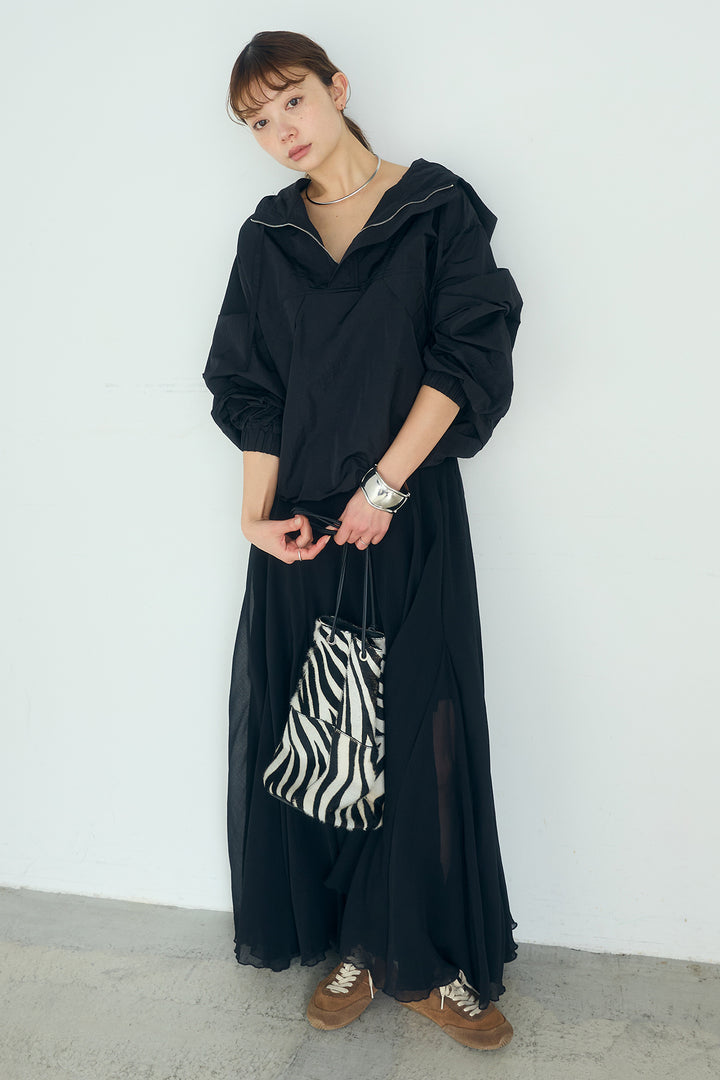 [SET]ナイロンフーディーブルゾンアウター+シアーフリルキャミワンピース(2set)