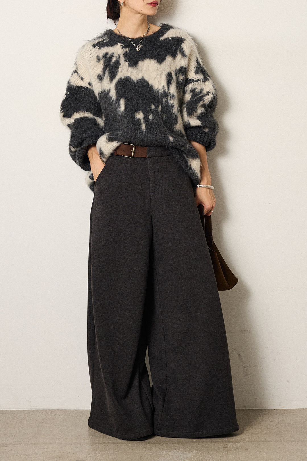 [SET]モヘアタッチマーブルニット+サイドベルトパンツ(2set)