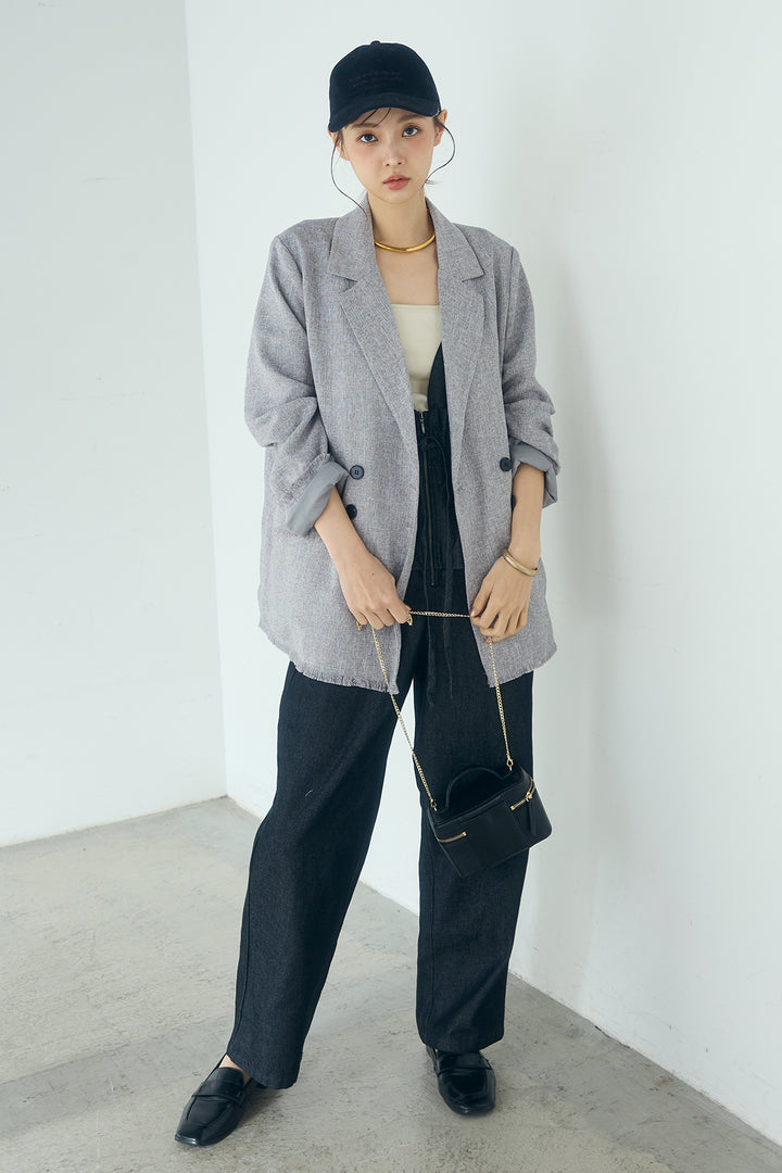 [SET]スラブネップツイードフリンジテーラードジャケット+デニムペプラムコンビネゾン(2set)