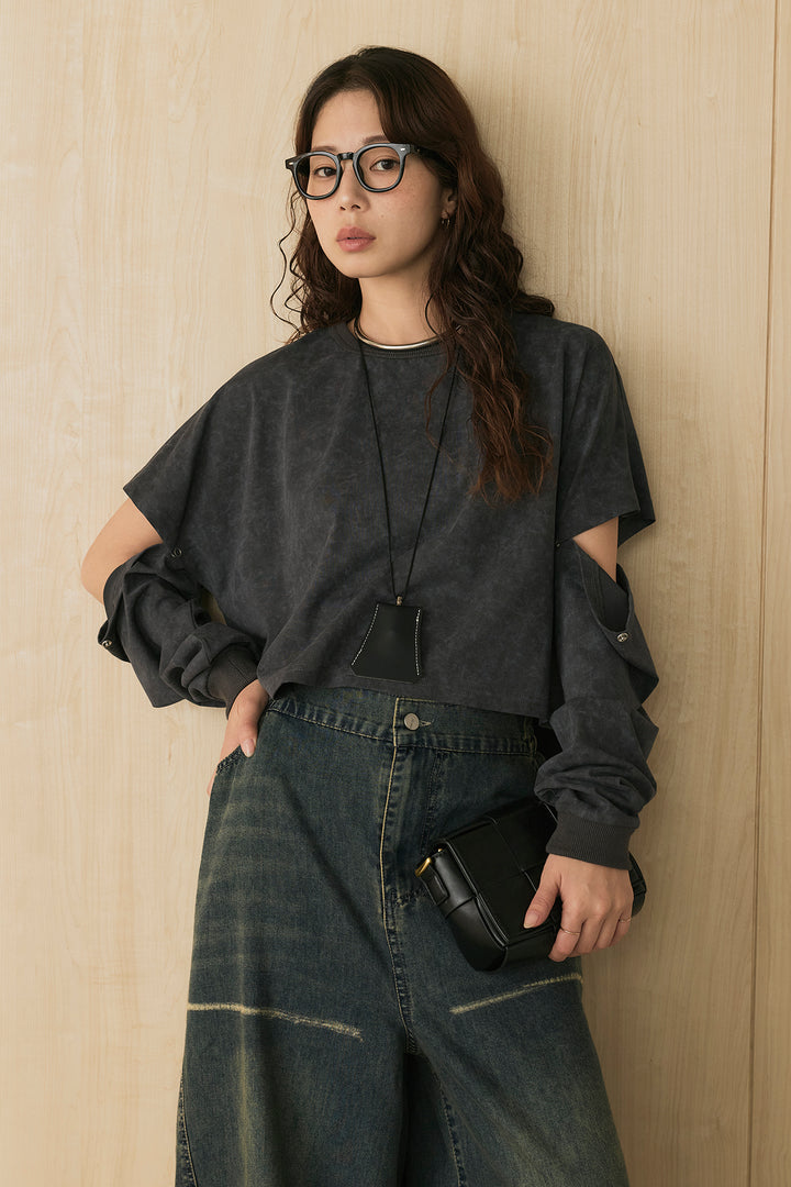 [SET]セパレートフェードTシャツ+ランダムダメージデニムワイドパンツ(2set)